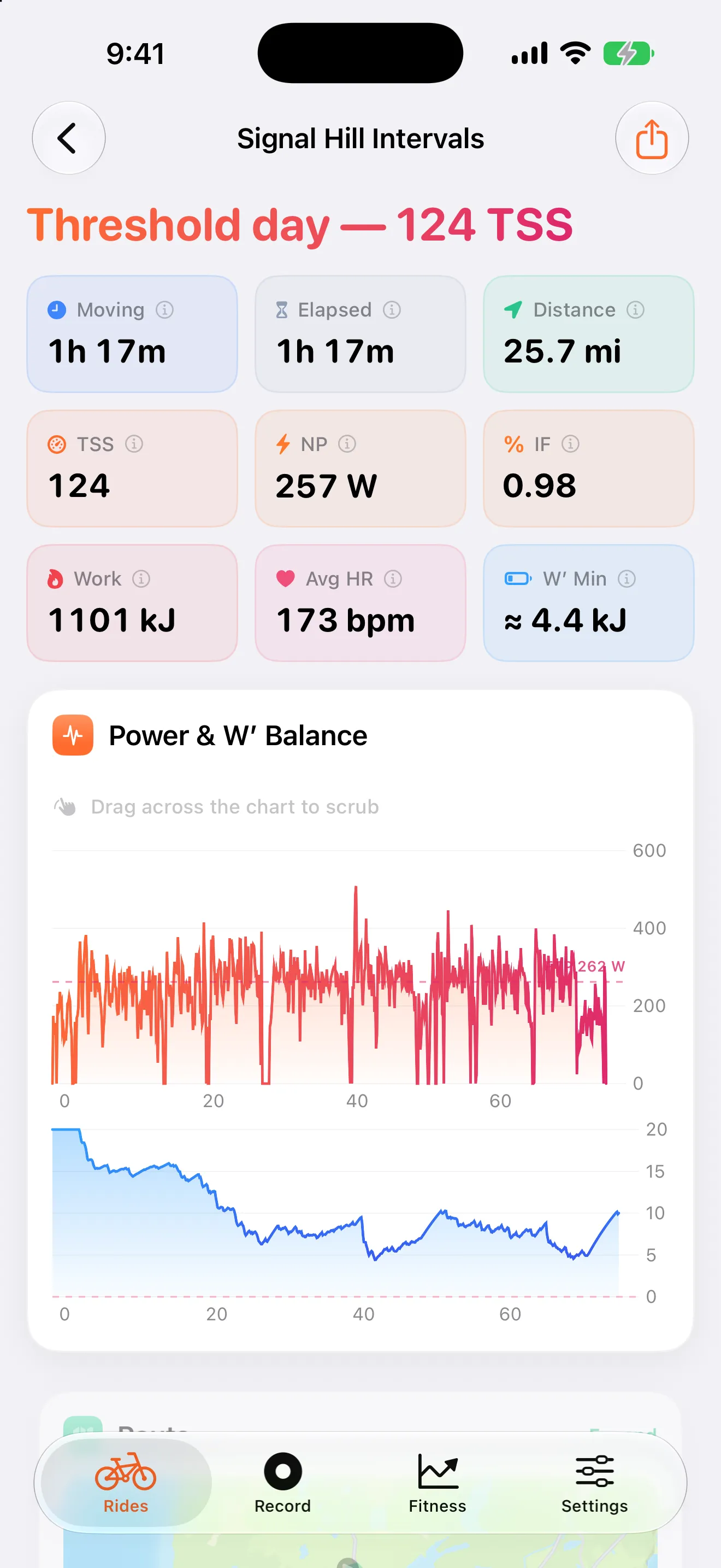 Ride detail screen with power, heart rate, zones, and W prime balance metrics.