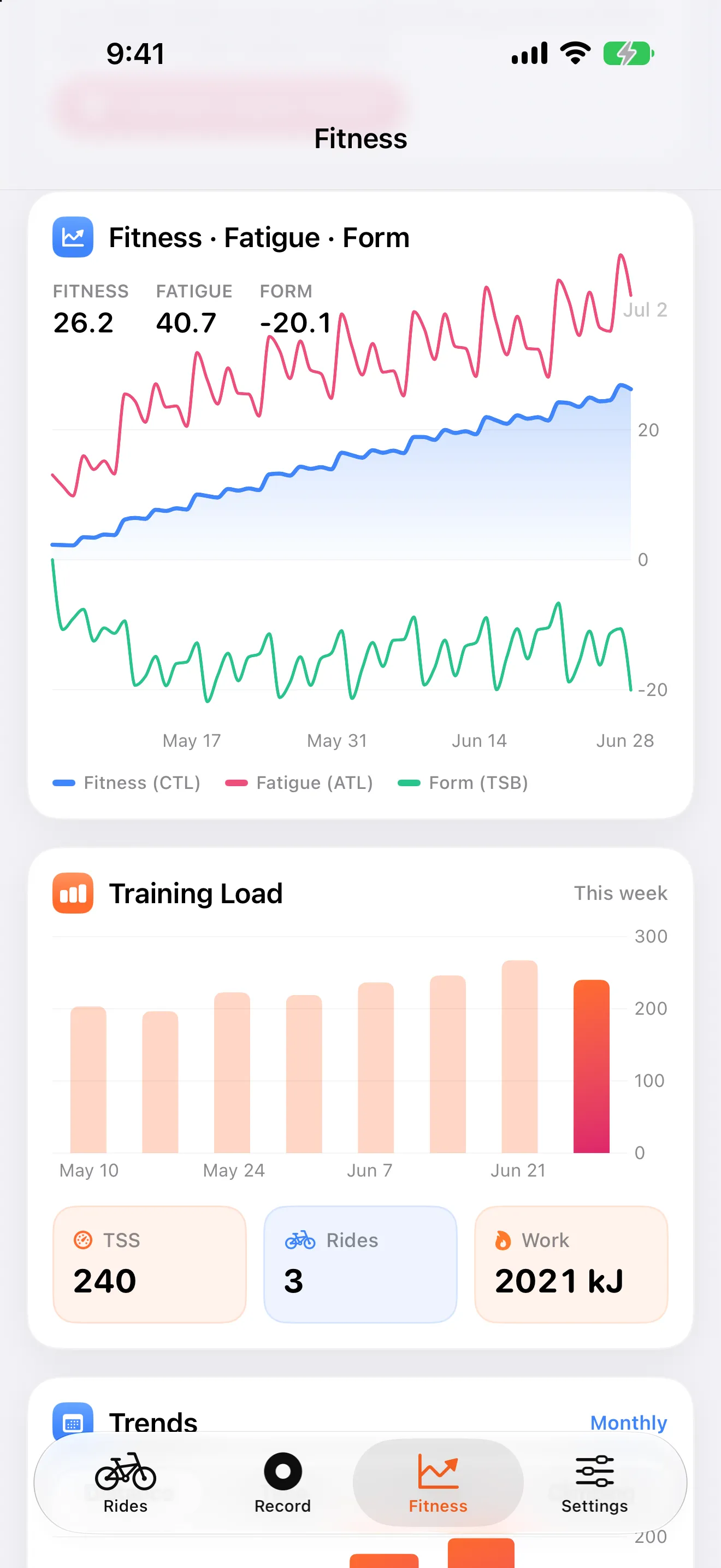 Velolytica fitness screen showing fitness, fatigue, form, and training load charts.