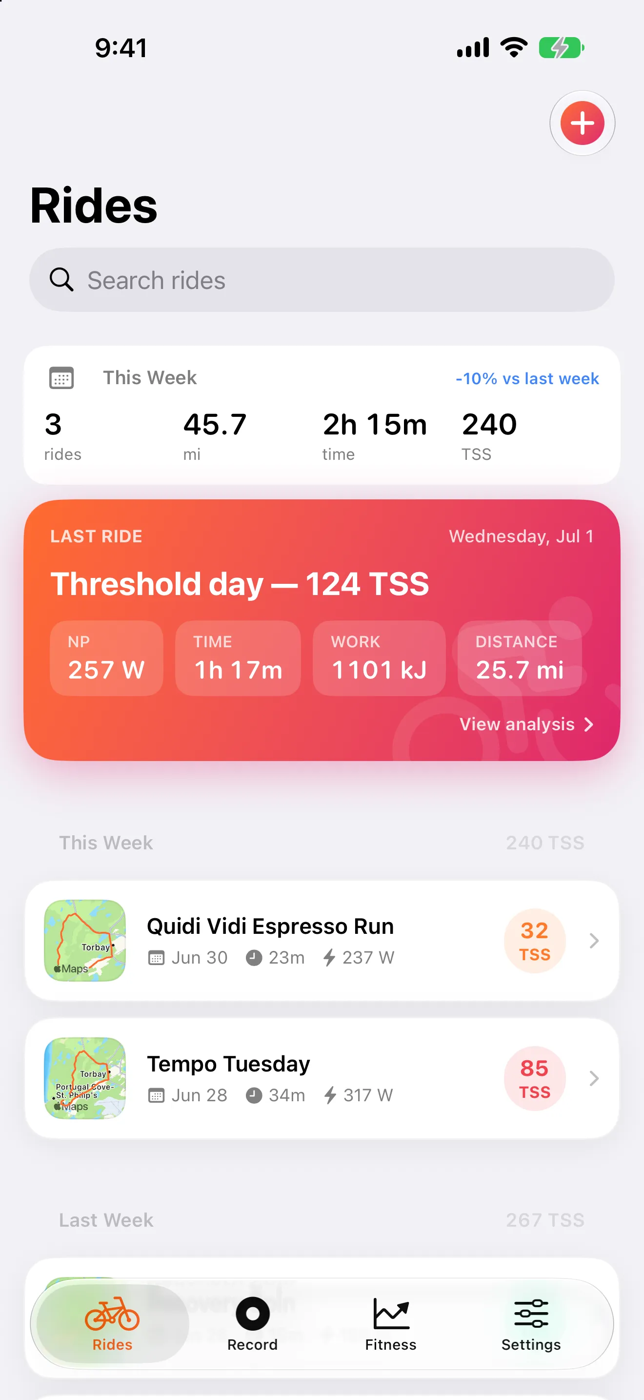 Velolytica ride library showing imported rides stored on the phone.