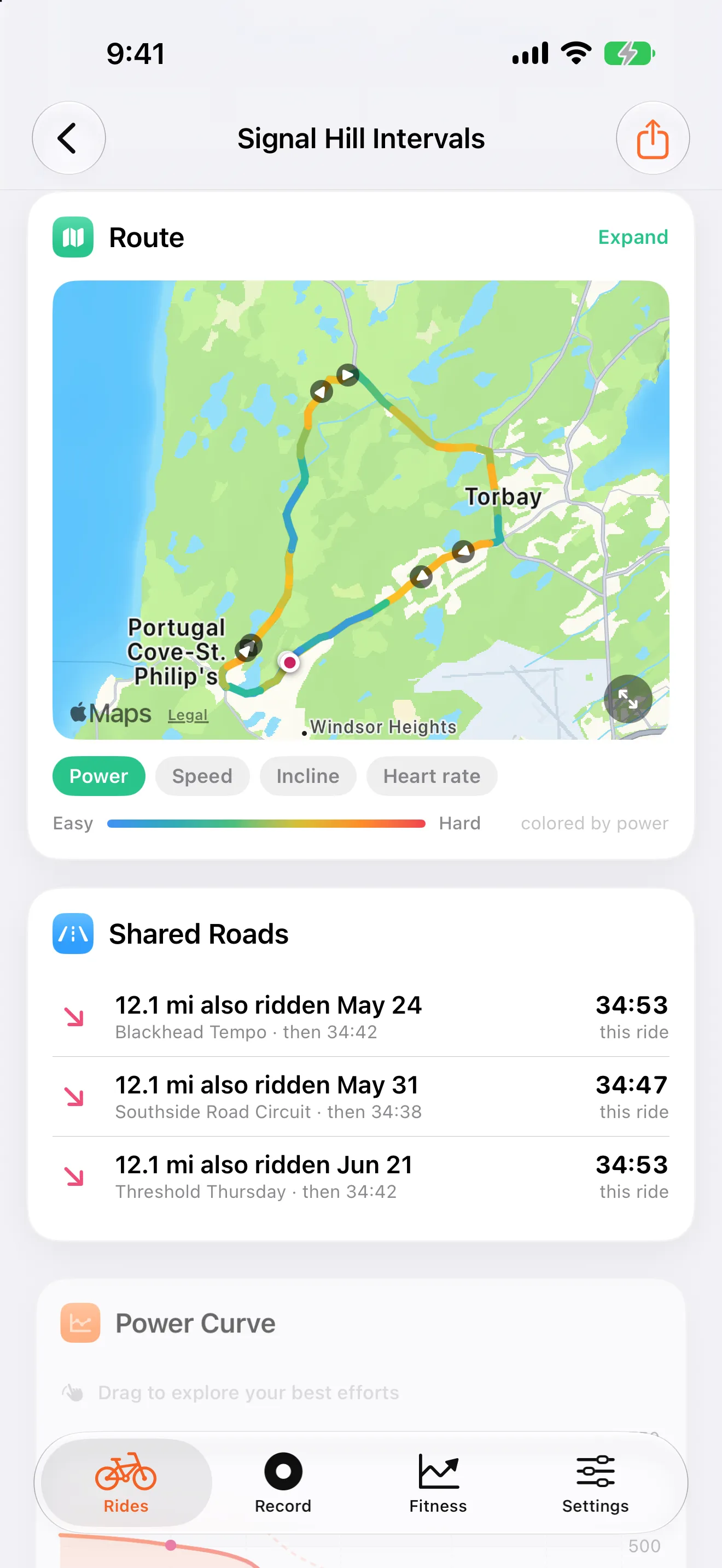 Velolytica route map screen with the ride route colored by power output.